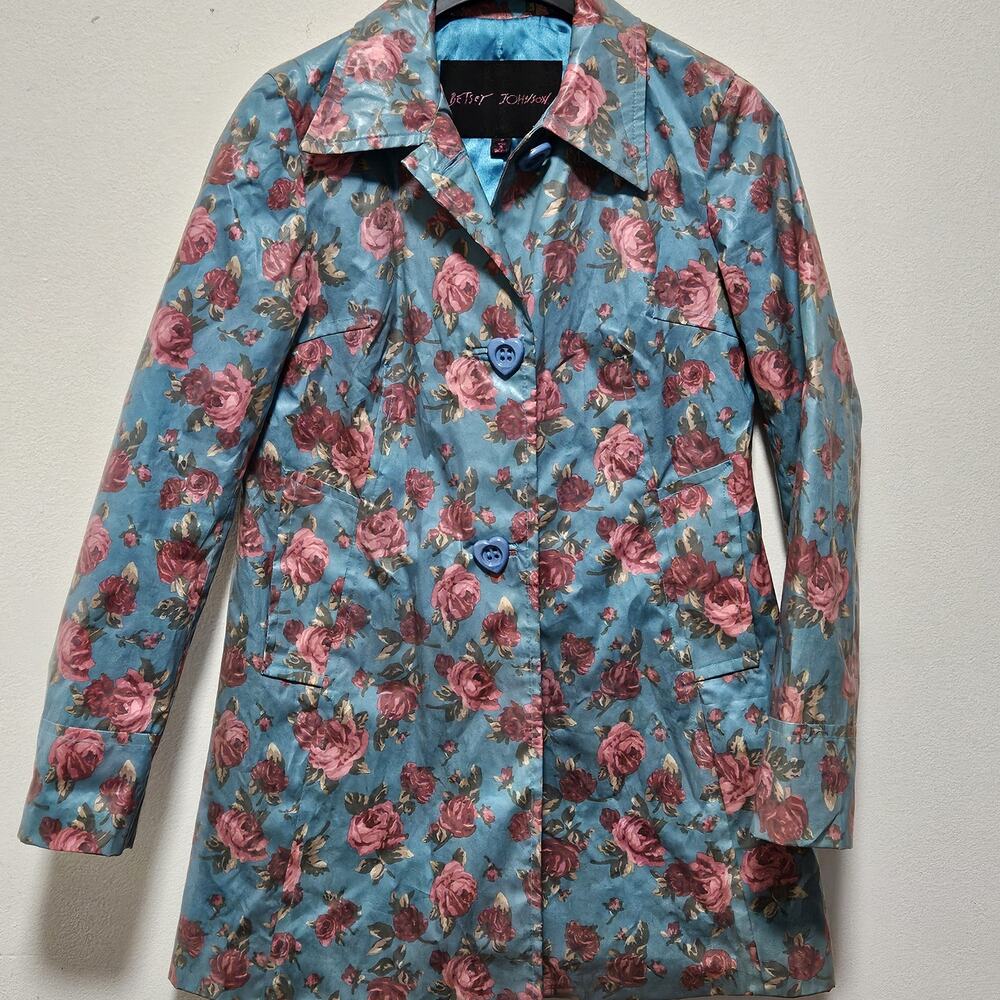 Betsey Johnson Vintage Floral Print Trench Coat Blue Satin Lining Small